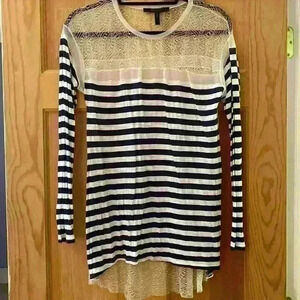 BCBGMaxazaria Navy and White Striped Long Sleeve with Lace accent